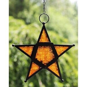 New BOHO 9." Hanging Art Deco AMBER Stained Glass STAR Tealight Holder MOROCCAN